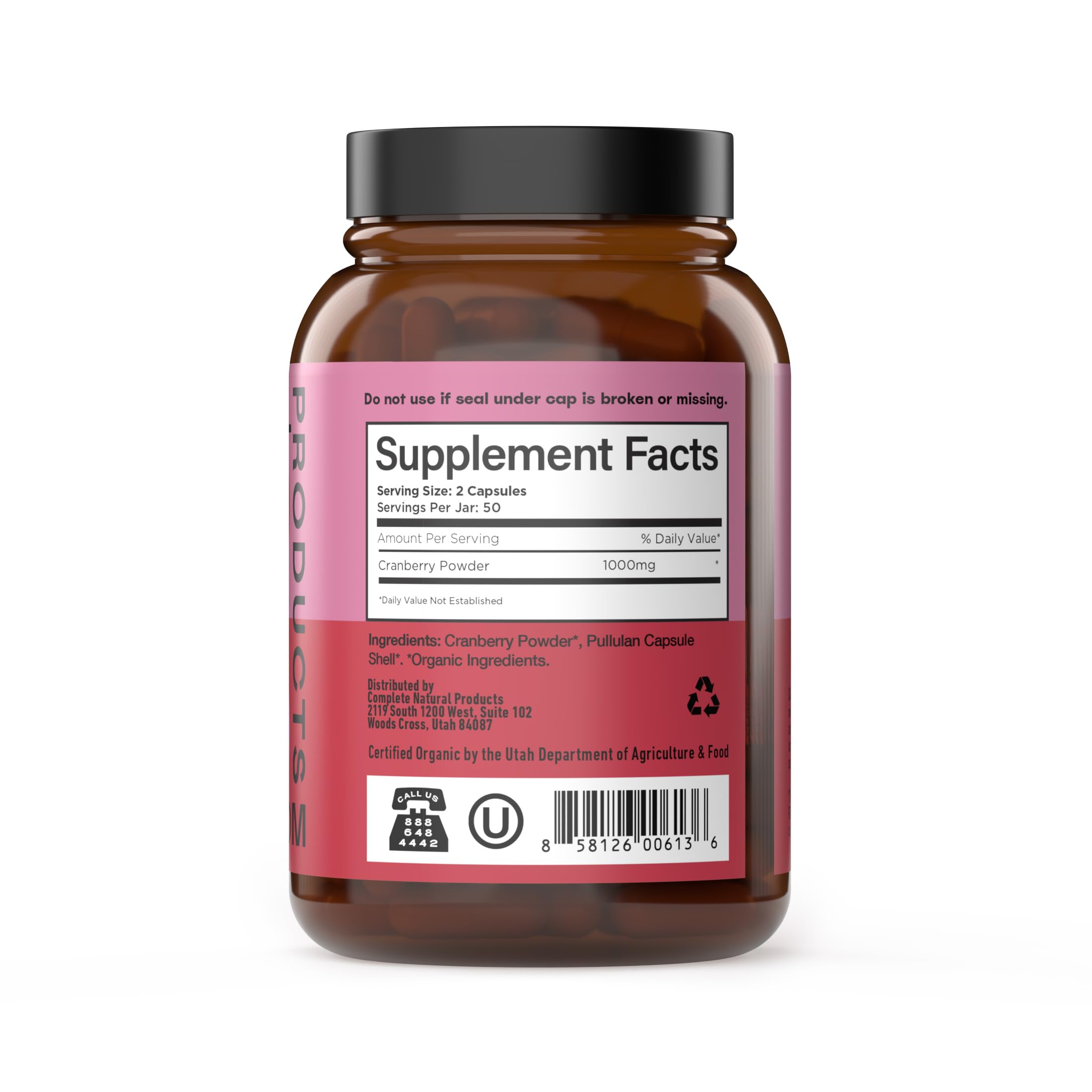 Organic cranberry powder and capsules arranged for display