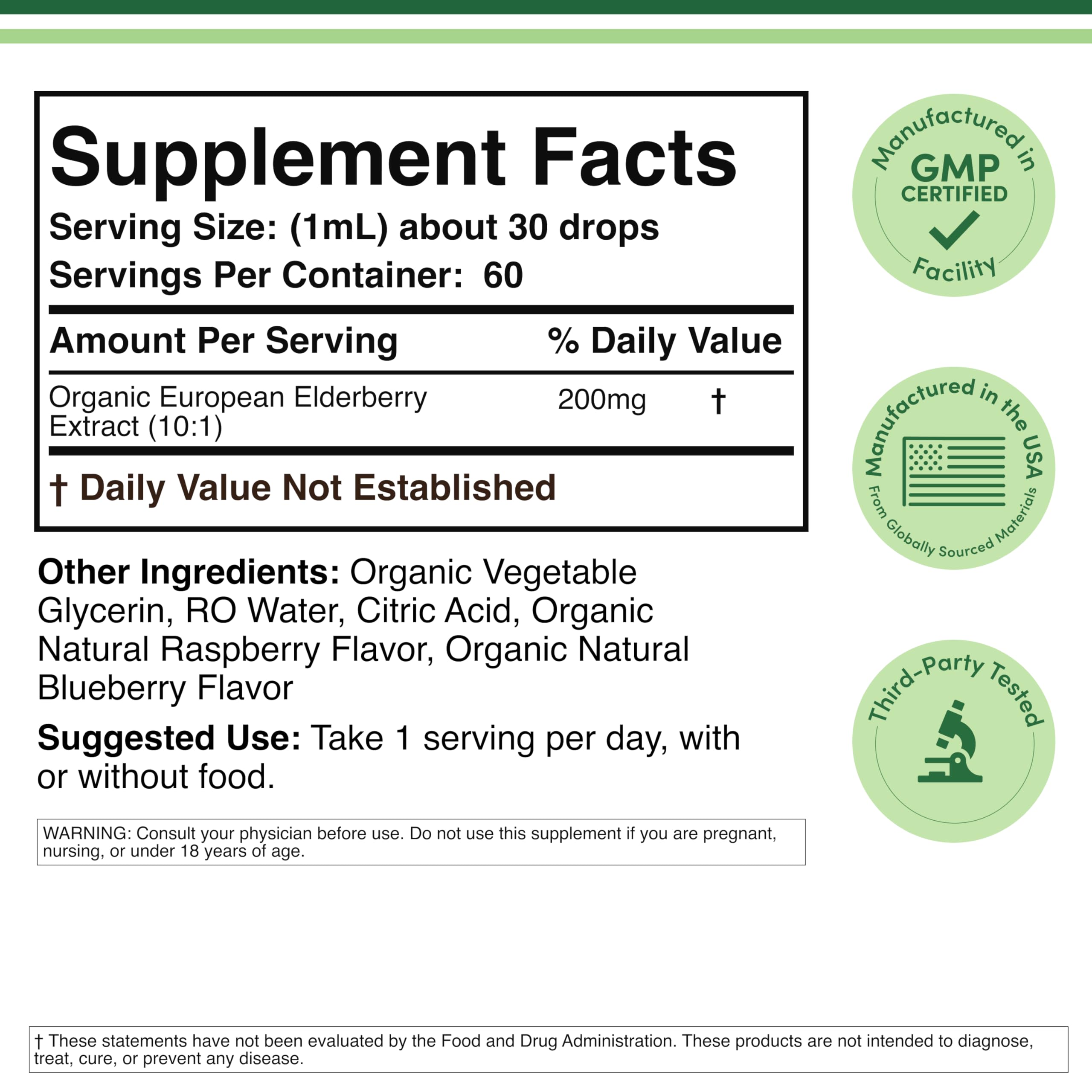 Front view of Organic Elderberry Liquid 2 oz bottle