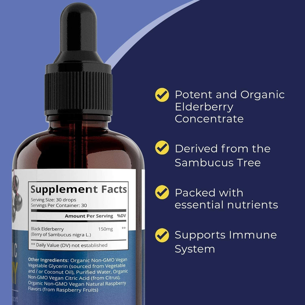 Organic elderberry syrup drops suitable for kids in 1oz bottle
