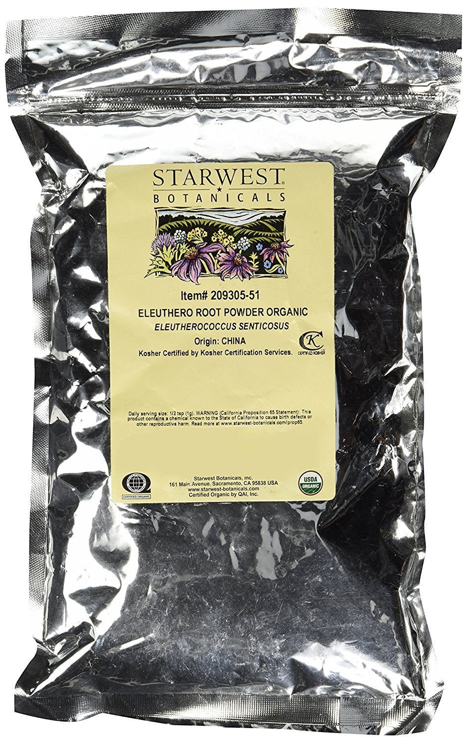 Organic Eleuthero Root Powder 1lb bag with label