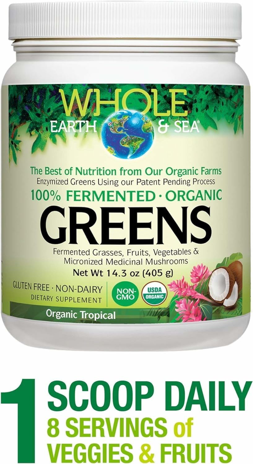 Close-up of Organic Fermented Greens Tropical front label