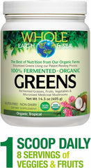 Close-up of Organic Fermented Greens Tropical front label