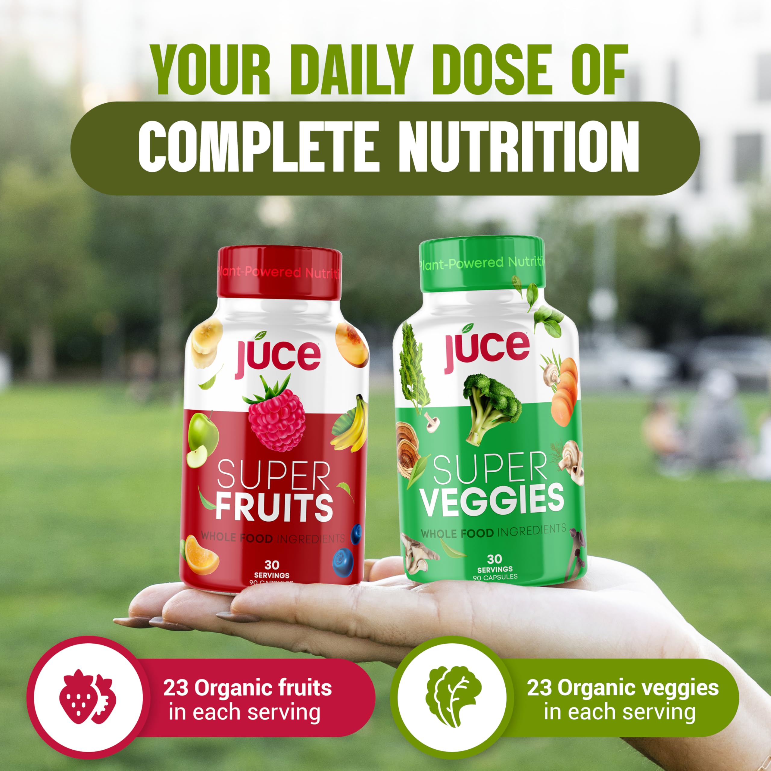 Graphic showing 23 organic fruits and 23 organic vegetables