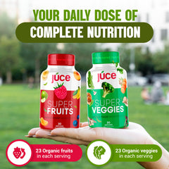 Graphic showing 23 organic fruits and 23 organic vegetables