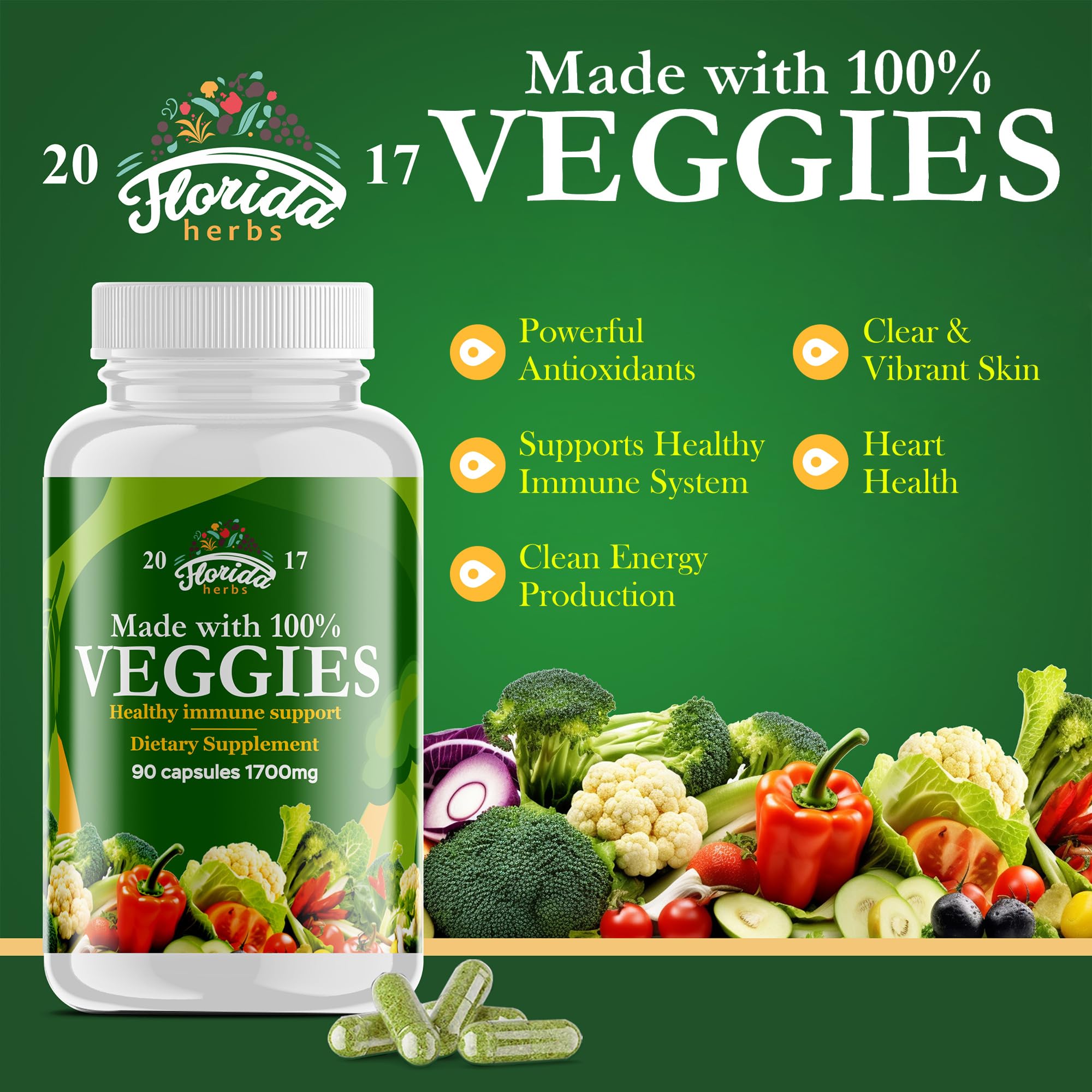 Illustration of organic fruits and vegetables extracts used in the capsules