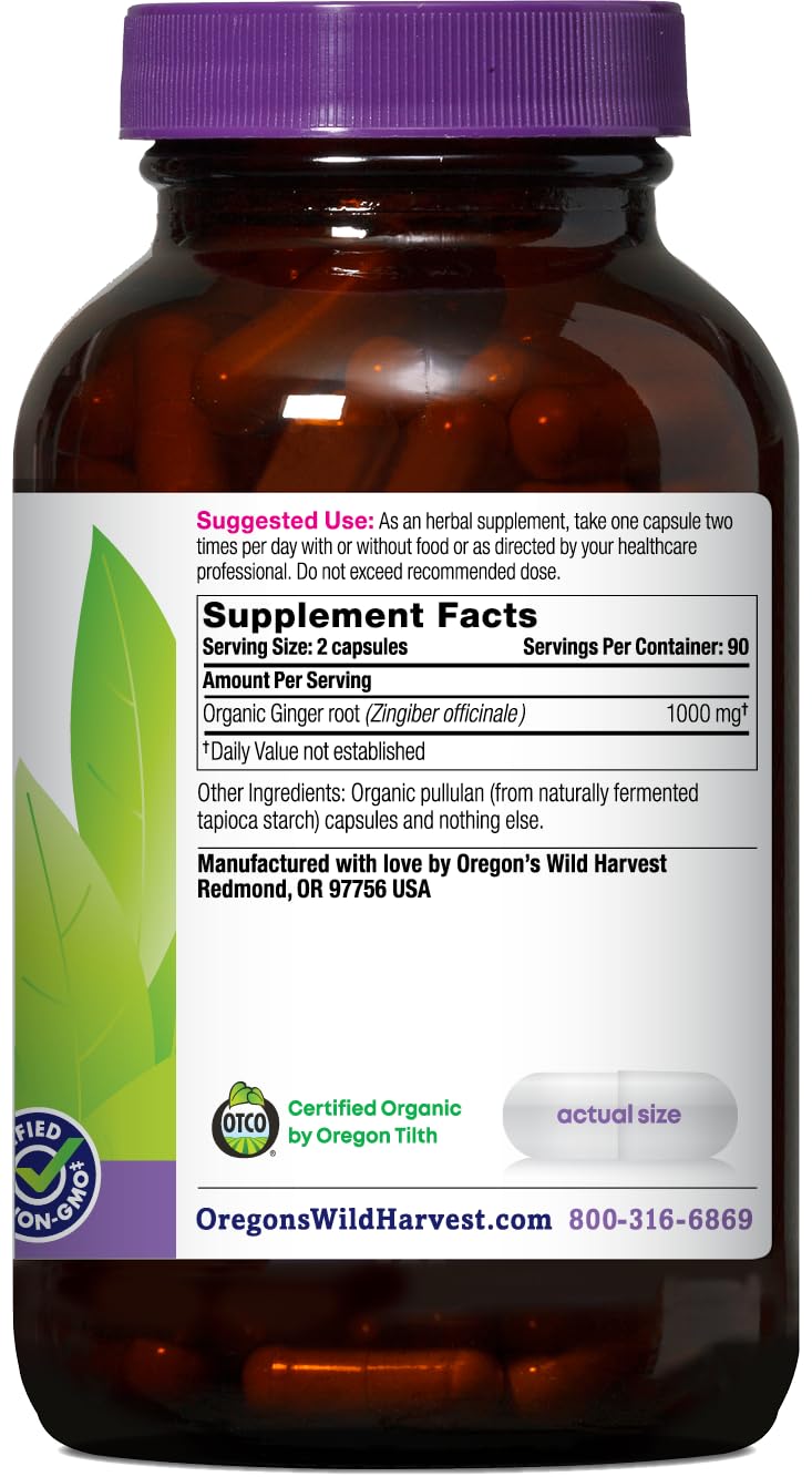 Organic ginger root and vegan capsules highlighting non-GMO and gluten-free attributes