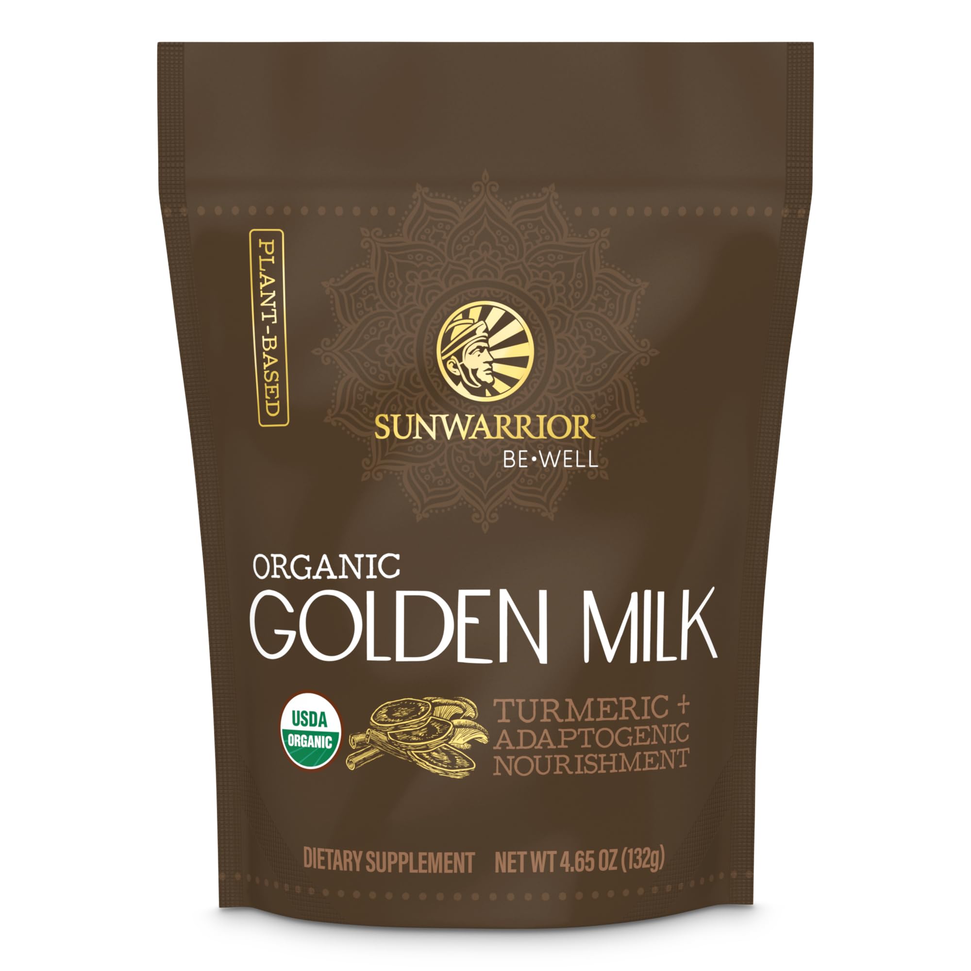 Front view of Organic Golden Milk Powder pouch with Ashwaghanda and Turmeric