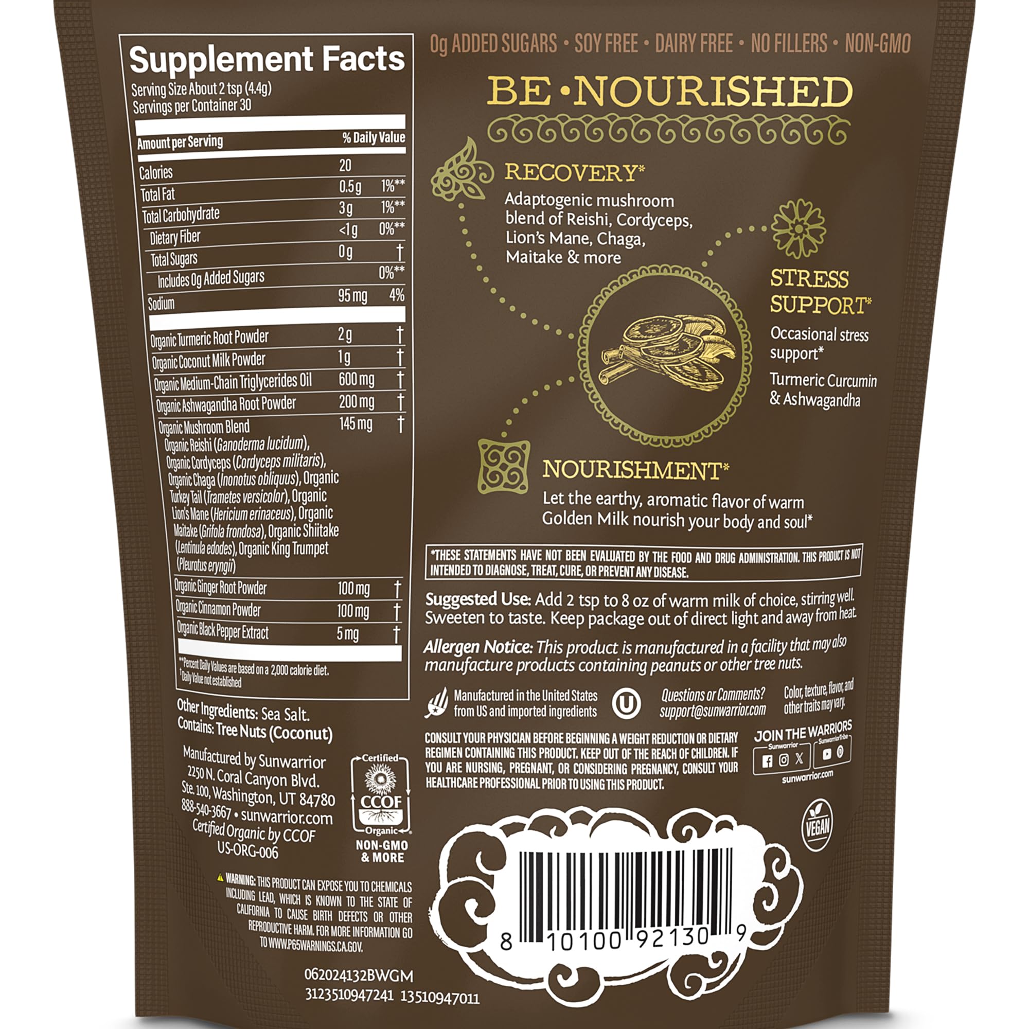 Close-up of powder blend showing turmeric and mushrooms