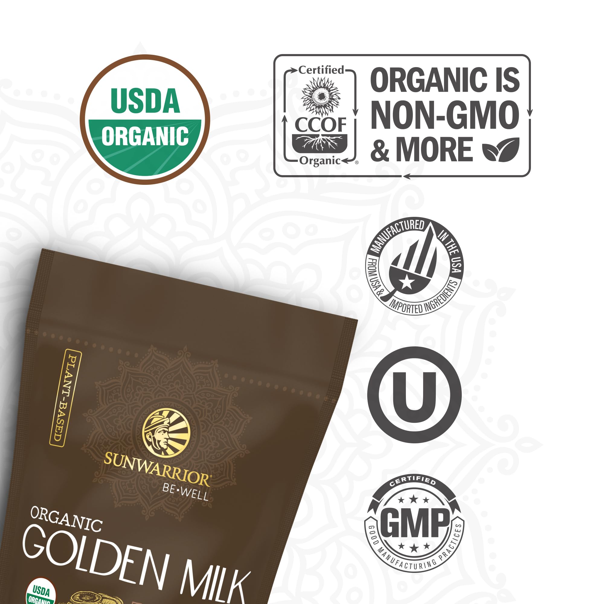 Front of packaging for Organic Golden Milk Powder 90g pouch