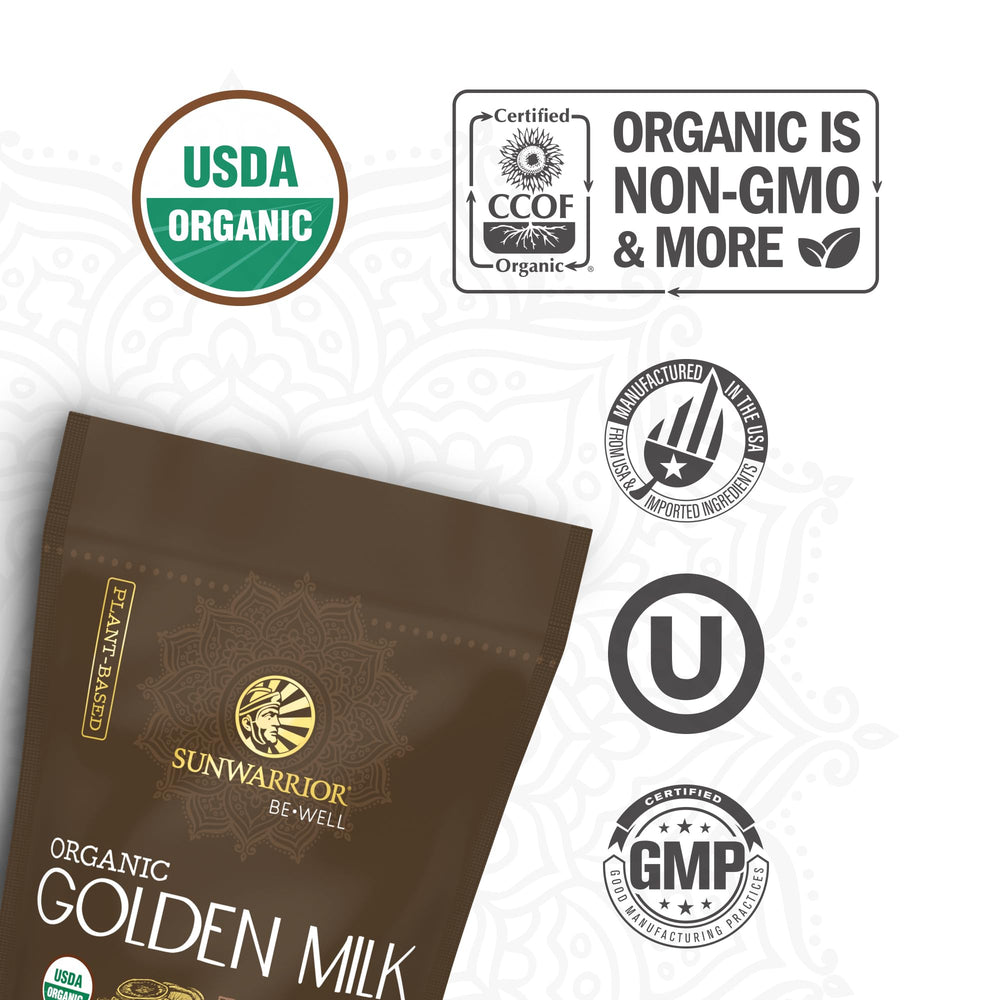 Front of packaging for Organic Golden Milk Powder 90g pouch