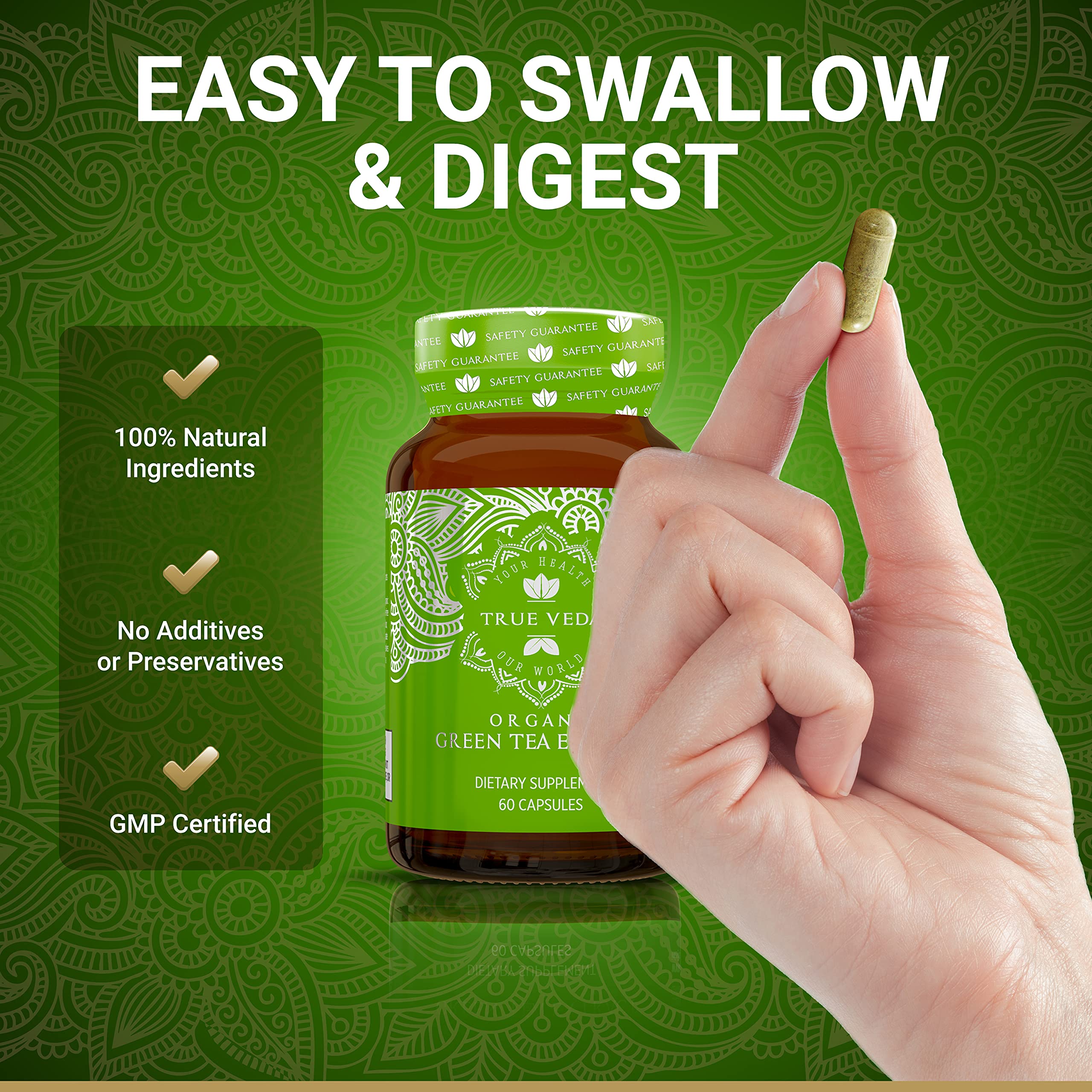 Close-up of Organic Green Tea Extract Capsules packaging