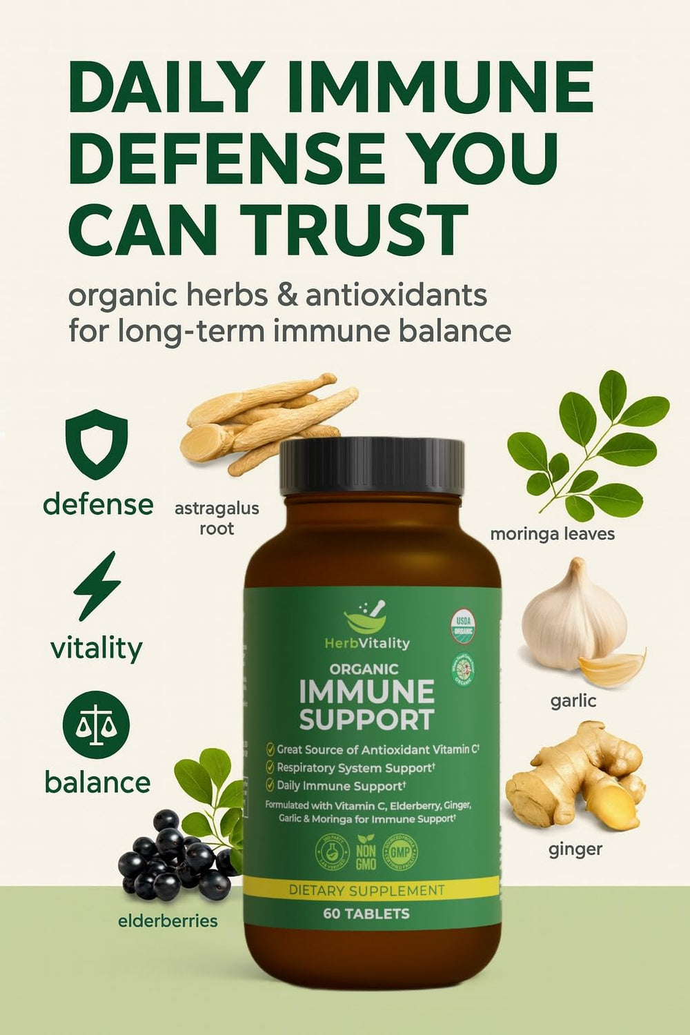 Front packaging of HerbVitality Organic Immune Support