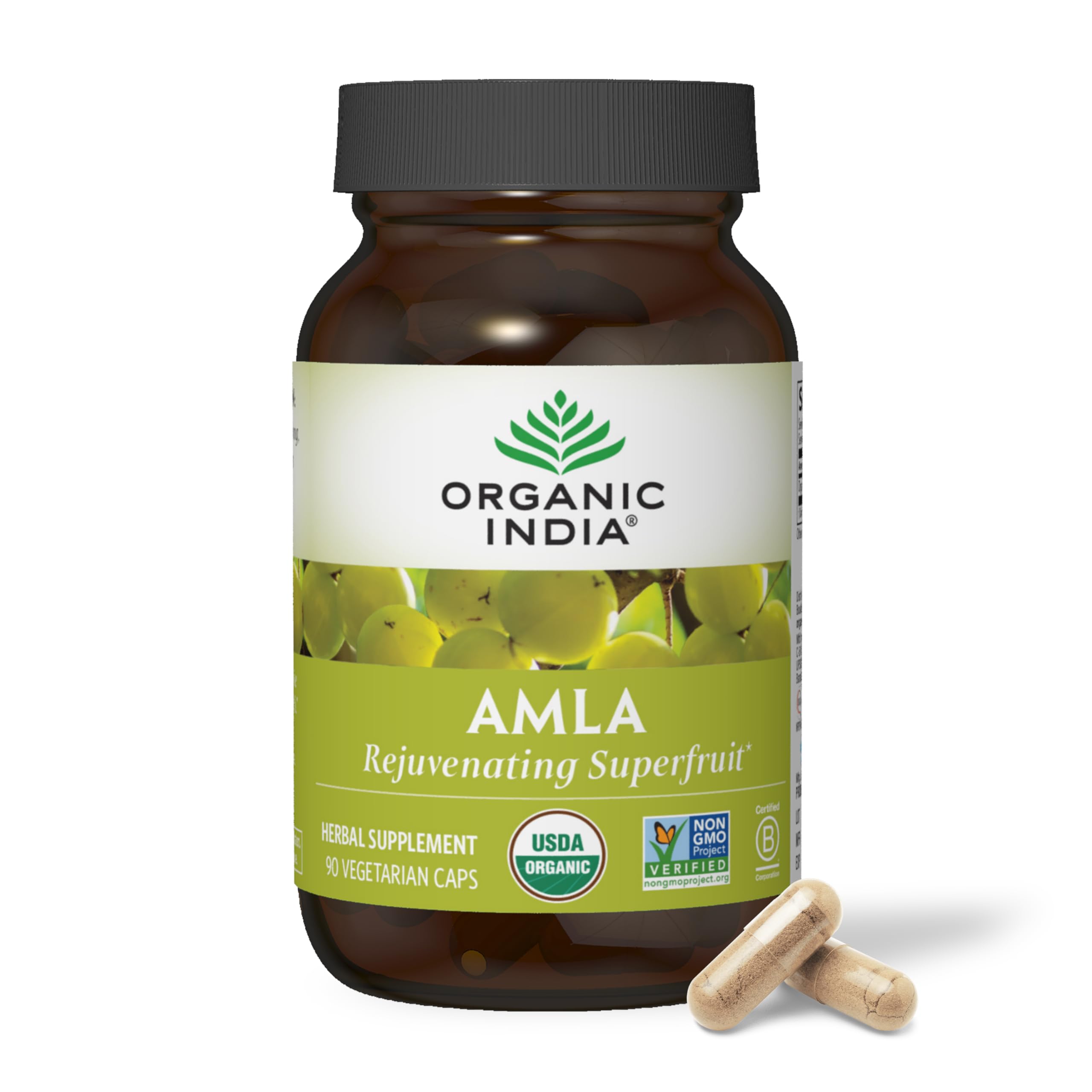 Bottle of Organic India Amla capsules (90-count)