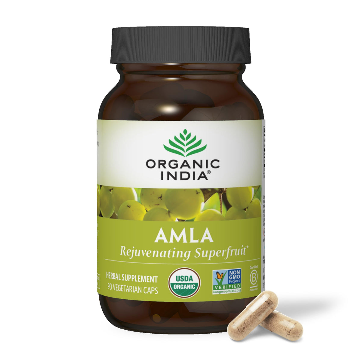 Bottle of Organic India Amla capsules (90-count)