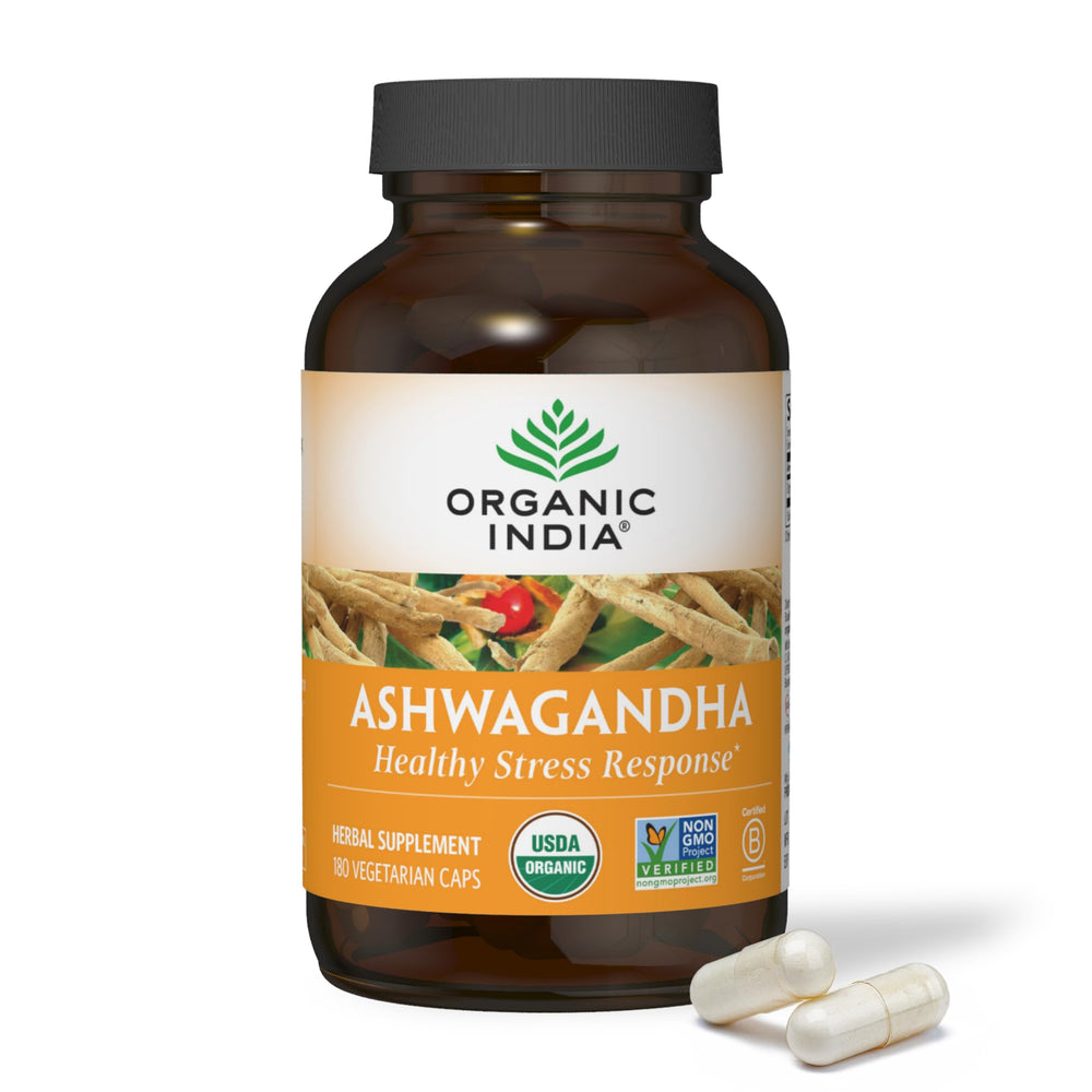Organic India Ashwagandha capsules bottle with 180-count label (hero image)