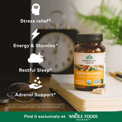 Close-up side/back view of ORGANIC INDIA Ashwagandha Capsules bottle