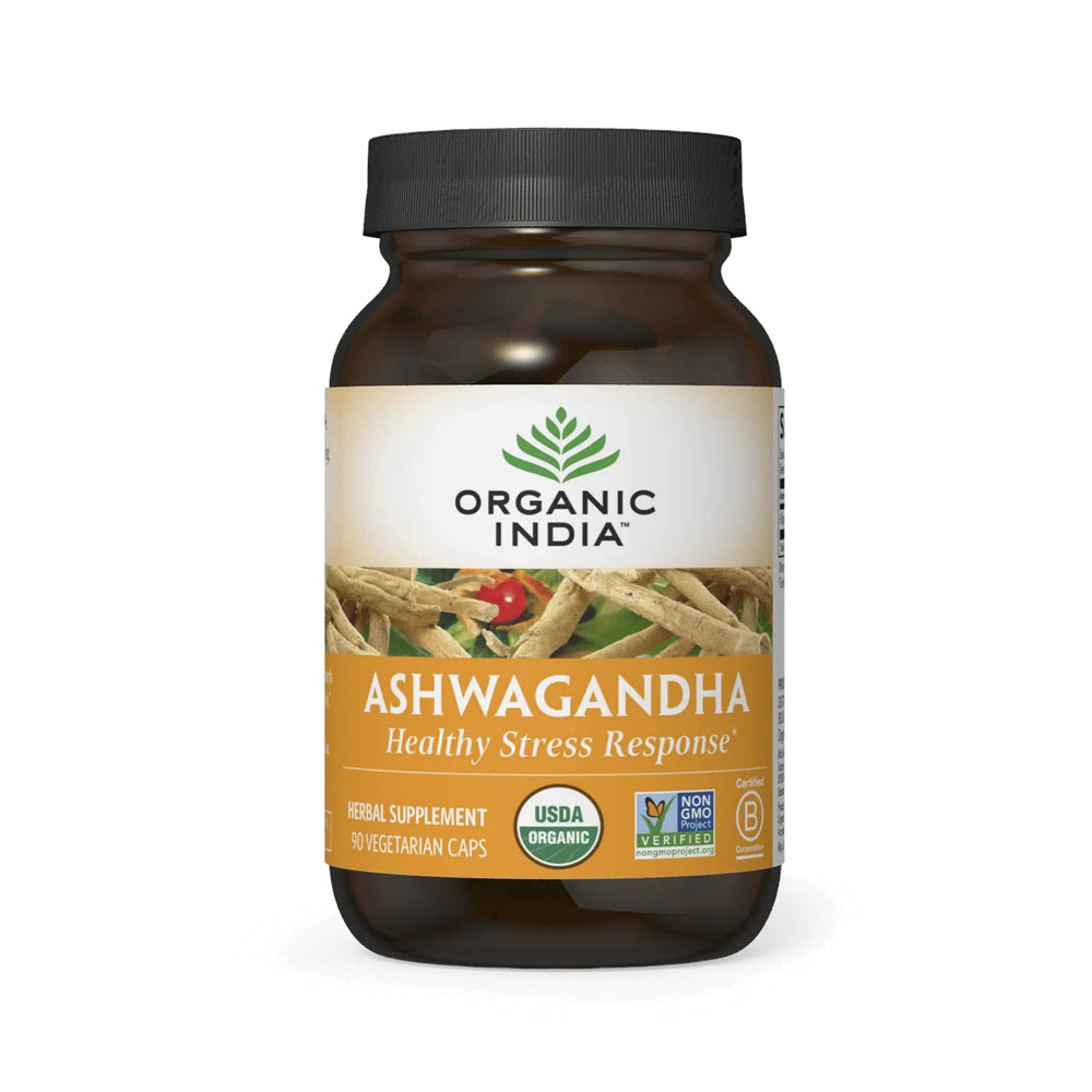Front label of ORGANIC INDIA Ashwagandha Capsules bottle
