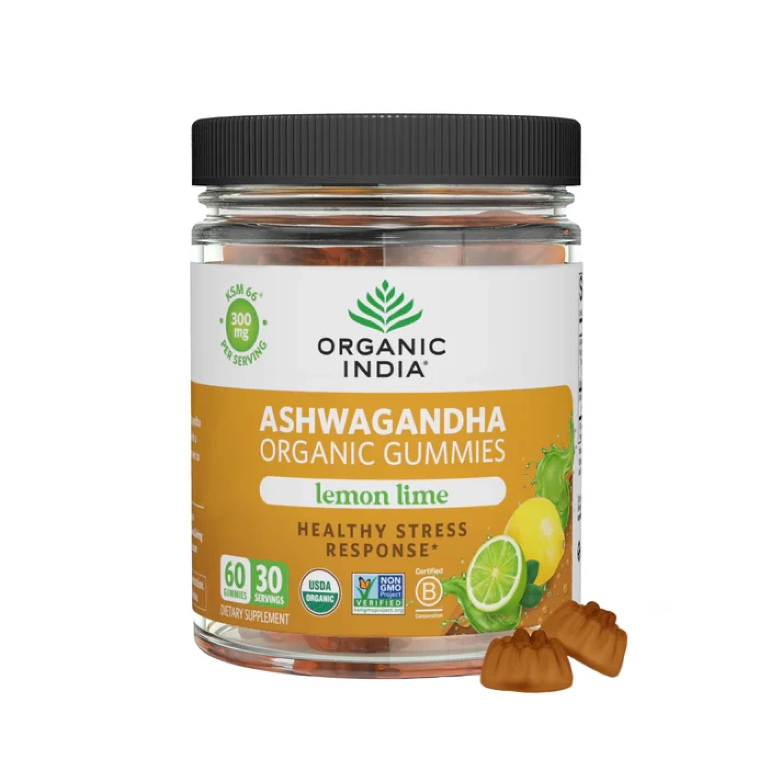 Organic India Ashwagandha Gummies Lemon Lime bottle front