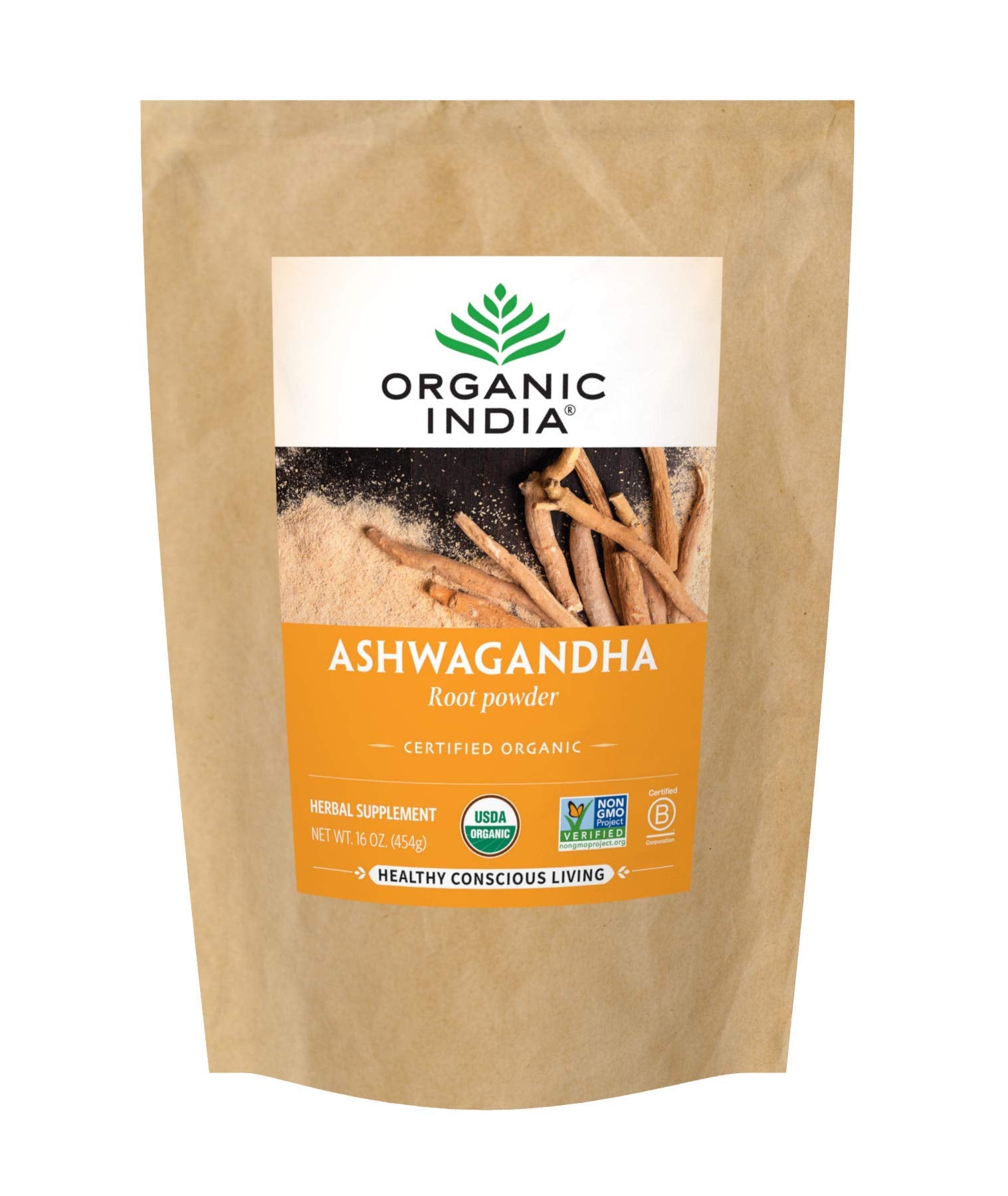 Organic India Ashwagandha Powder 1lb bag packaging