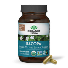 Front view of Organic India Bacopa supplement bottle