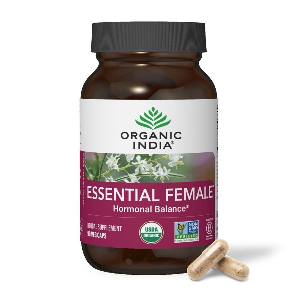 Front view of ORGANIC INDIA Essential Female Herbal Supplement bottle