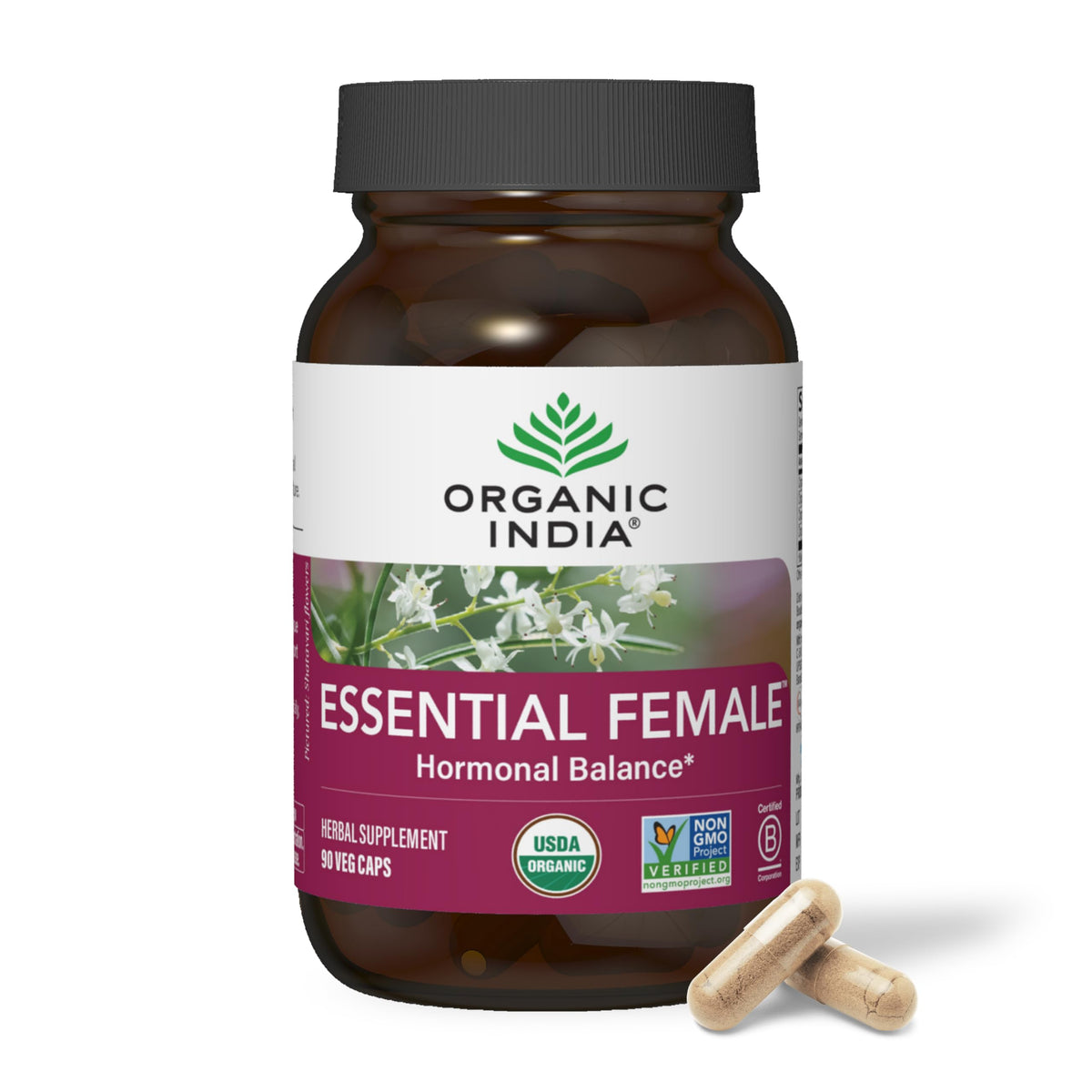 Front view of ORGANIC INDIA Essential Female Herbal Supplement bottle
