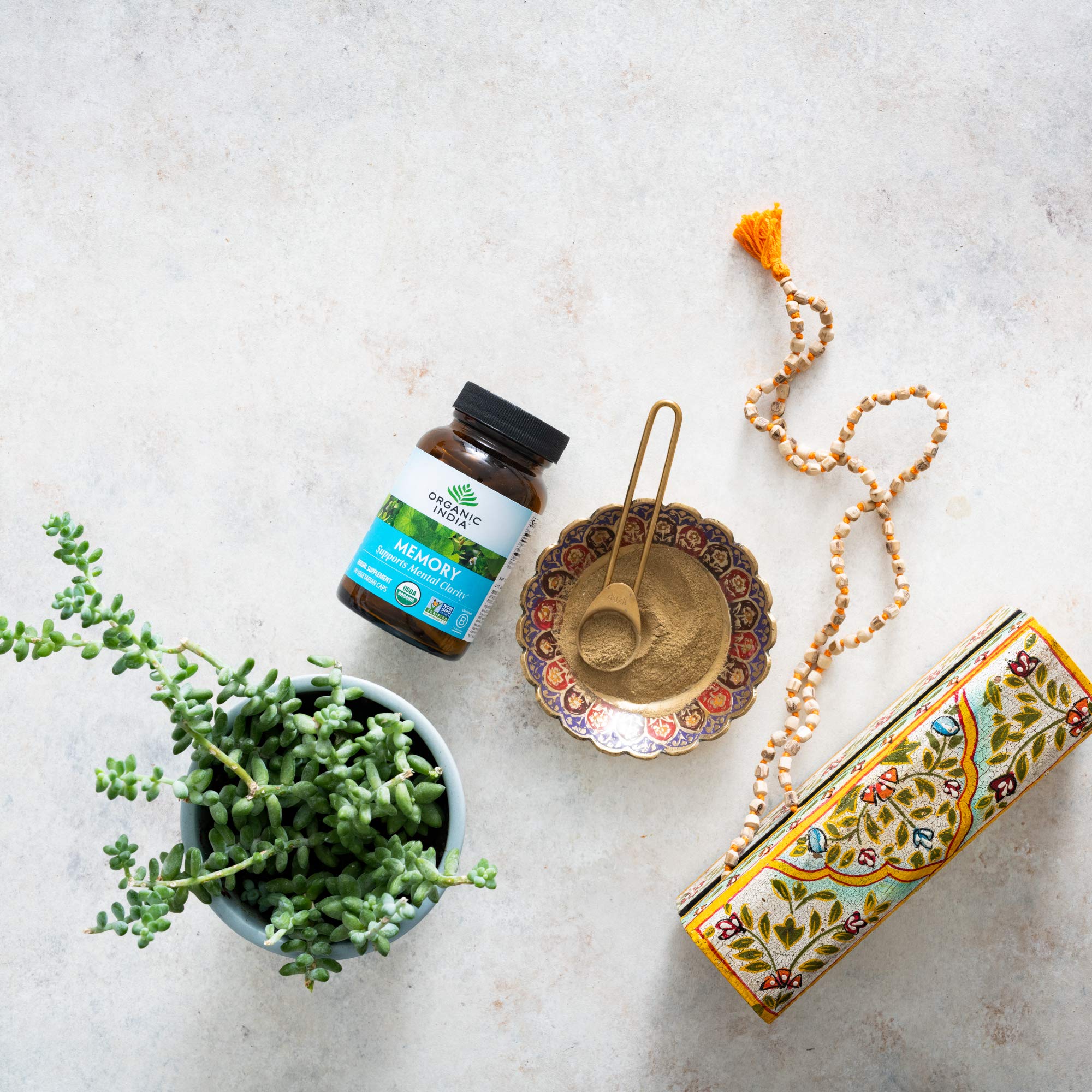 Organic India Memory herbal blend bottle emphasizing brain health and focus