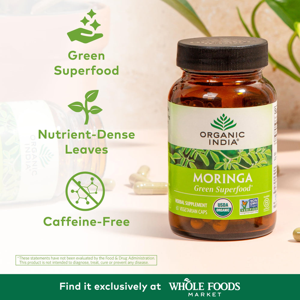 Close-up of Organic India Moringa capsules