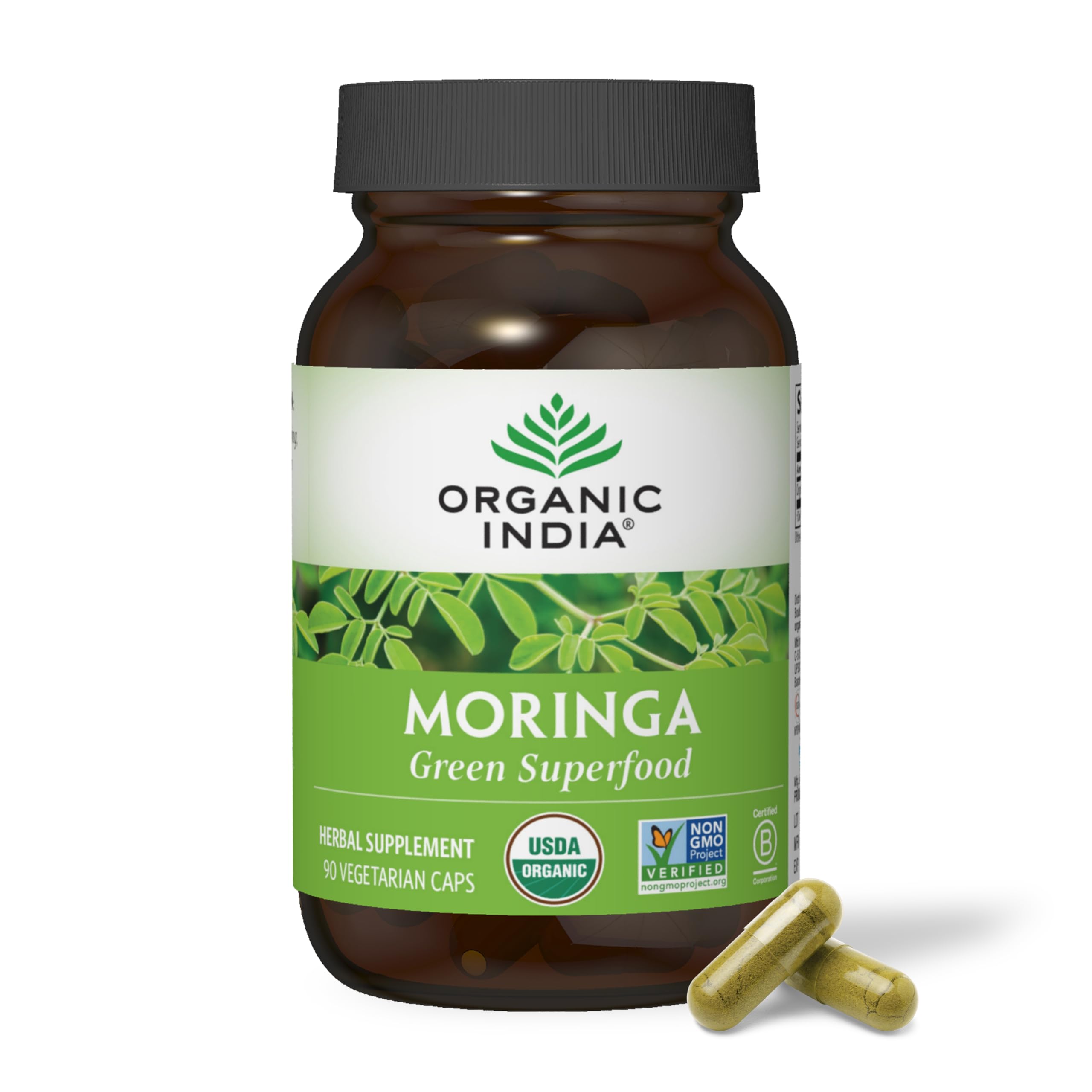 Organic India Moringa Capsules bottle - front view with 90 capsules