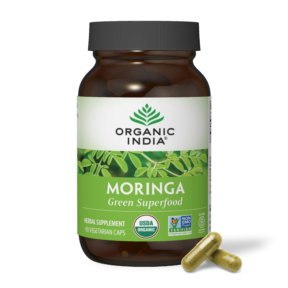 Organic India Moringa Capsules bottle - front view with 90 capsules