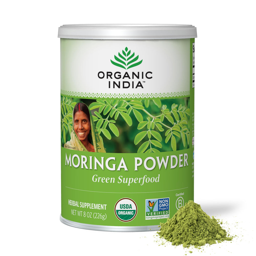 Front view of Organic India Moringa Powder 8 oz container