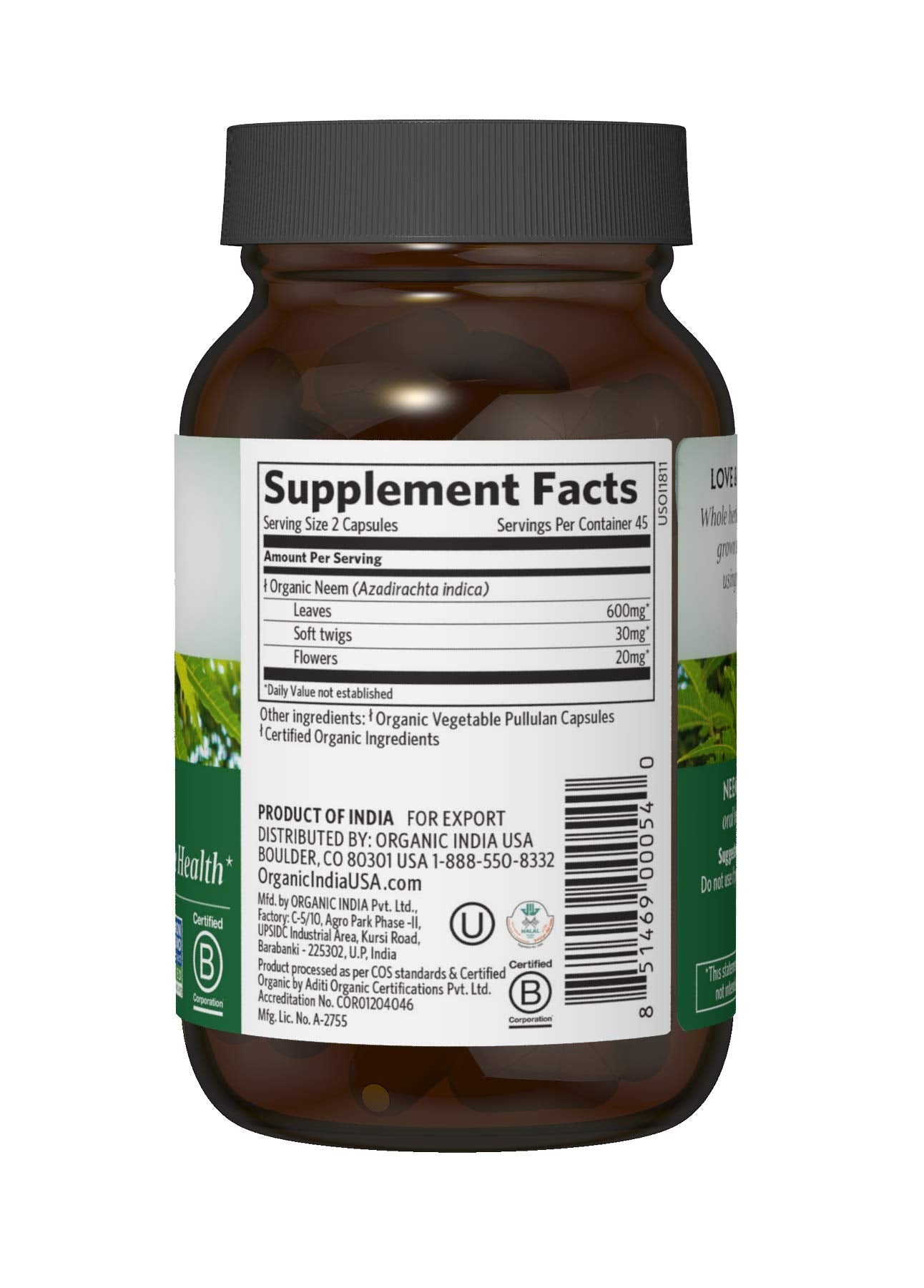Back view of bottle showing supplement facts - Neem Leaf Capsules 90 caps, 2-pack
