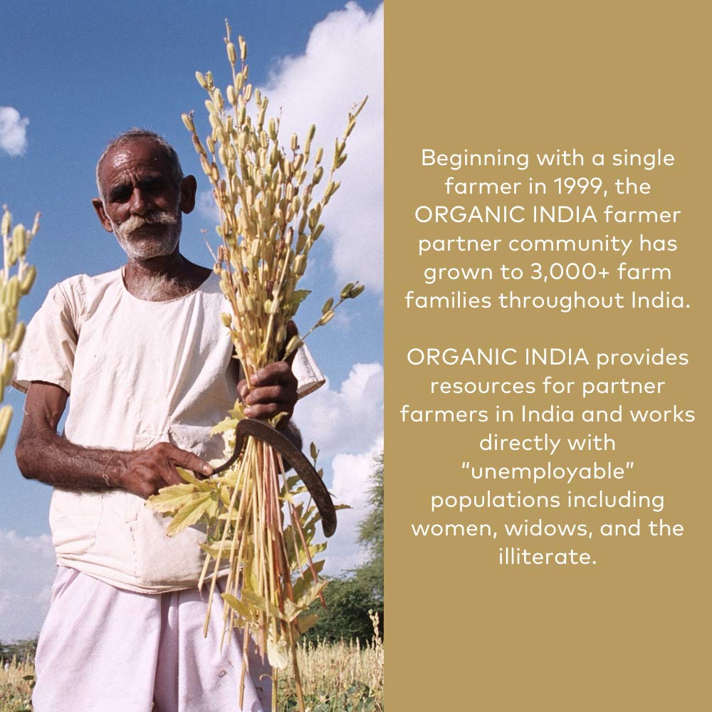 Organic India Peaceful Sleep packaging showcases regenerative farming and ethical sourcing.