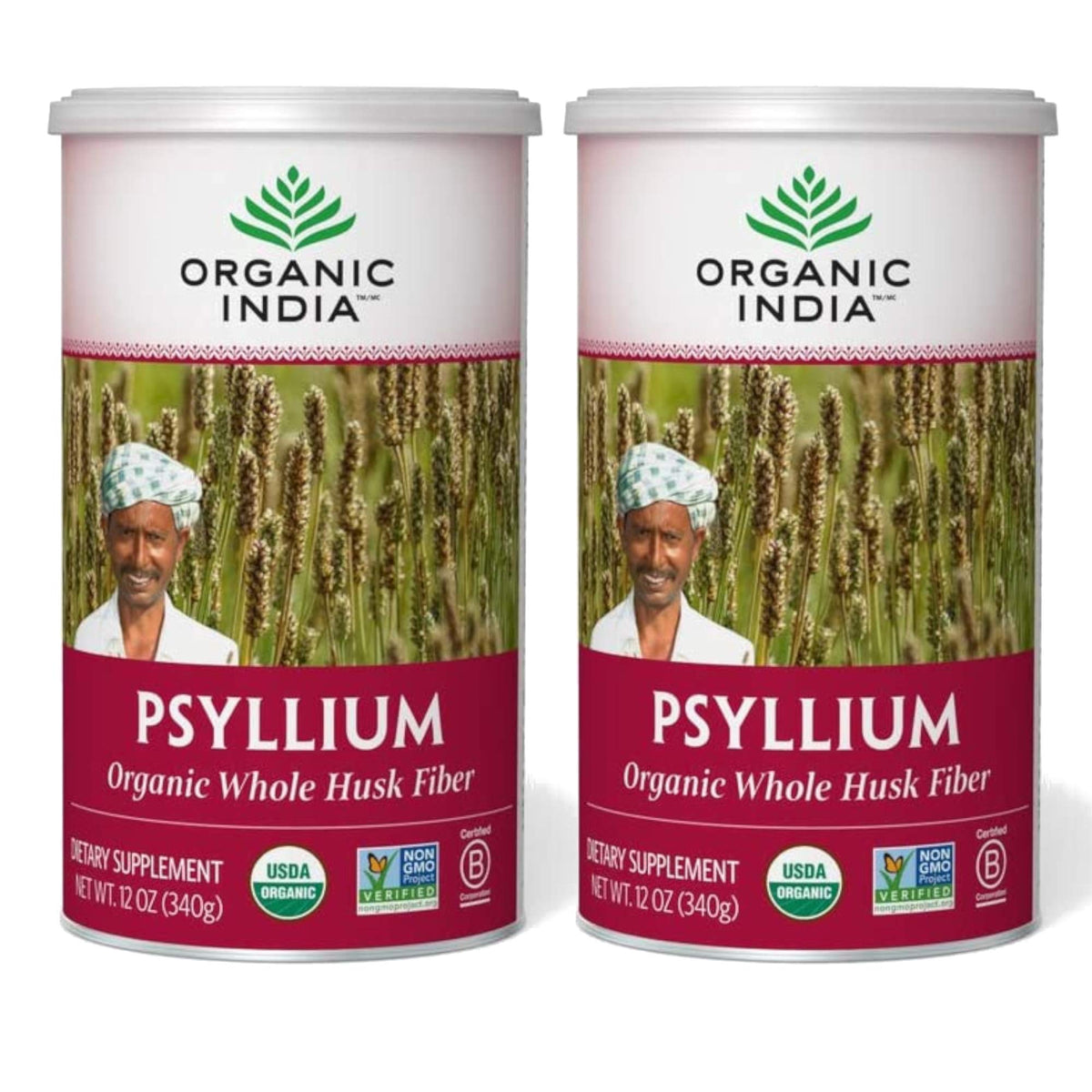 Front view of ORGANIC INDIA Psyllium Husk Powder packaging (12 oz, pack of 2)