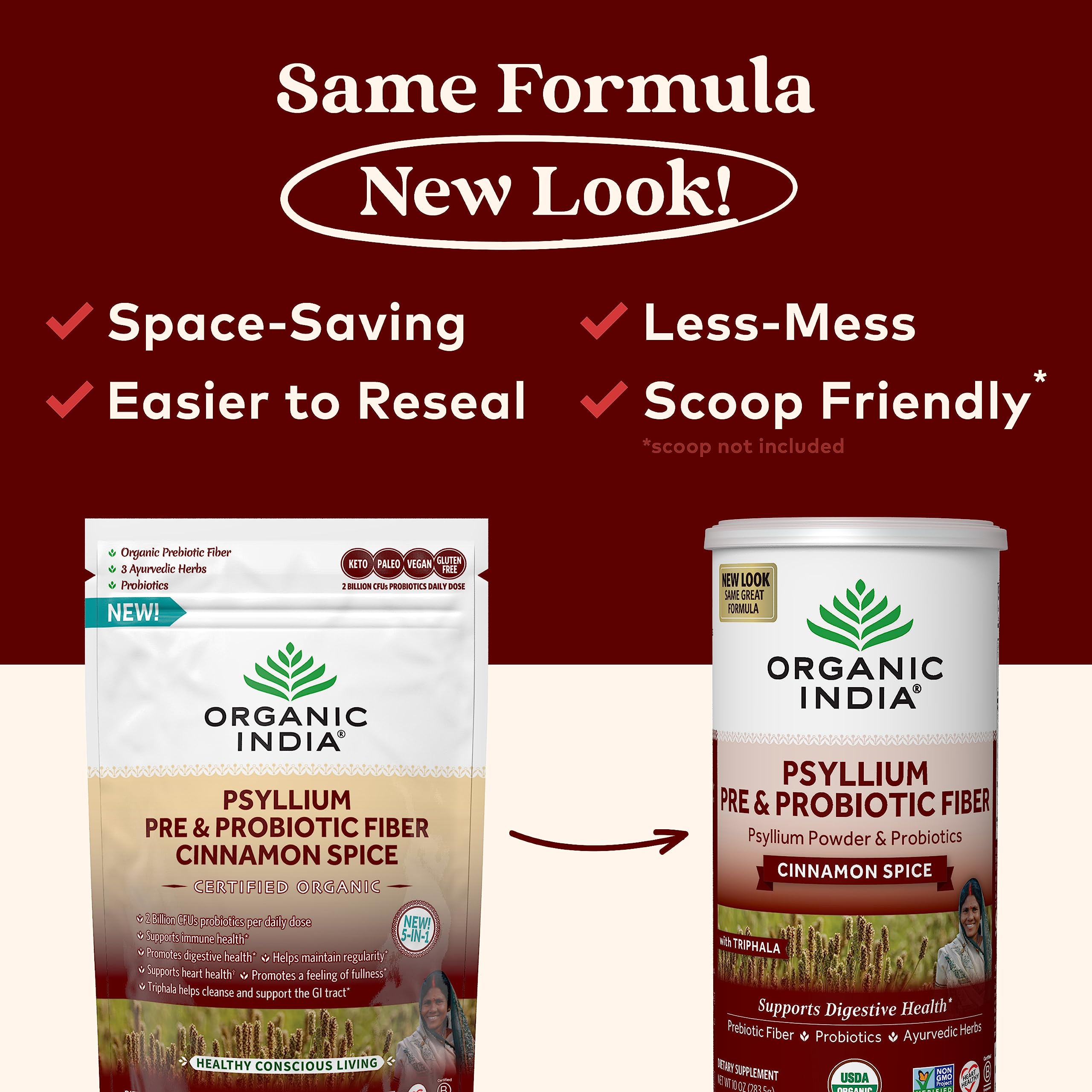 Measuring scoop with ORGANIC INDIA Psyllium Husk Powder in a bowl