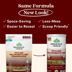 Measuring scoop with ORGANIC INDIA Psyllium Husk Powder in a bowl