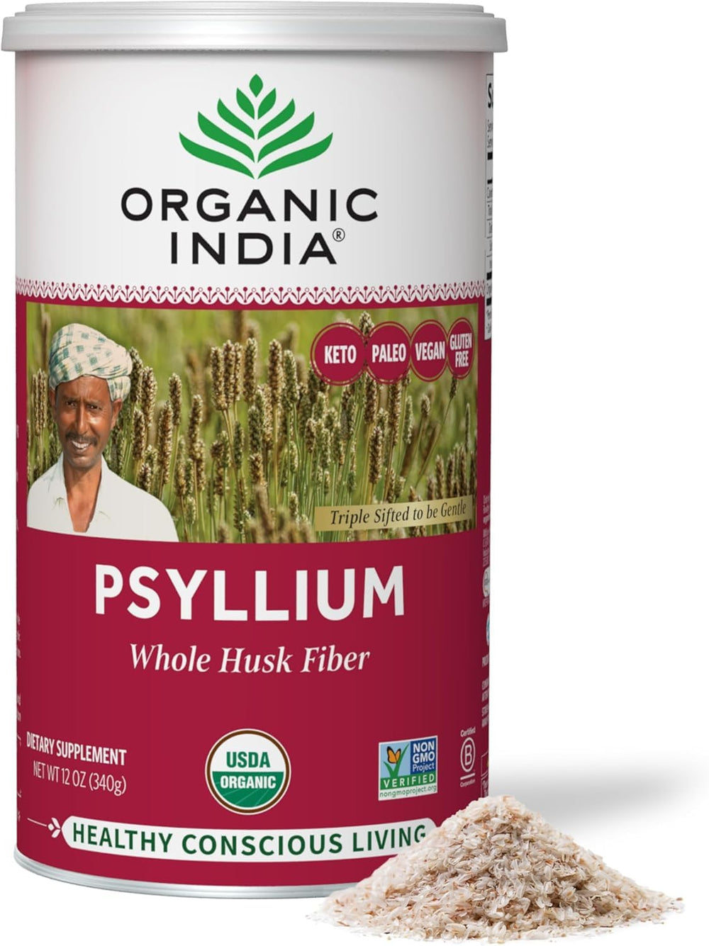ORGANIC INDIA psyllium husk powder canister front shows organic certification and fiber-rich formula.