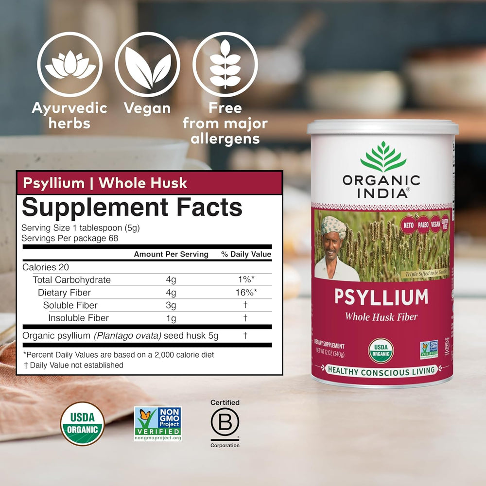 Label highlights gluten-free and vegan attributes of ORGANIC INDIA psyllium.