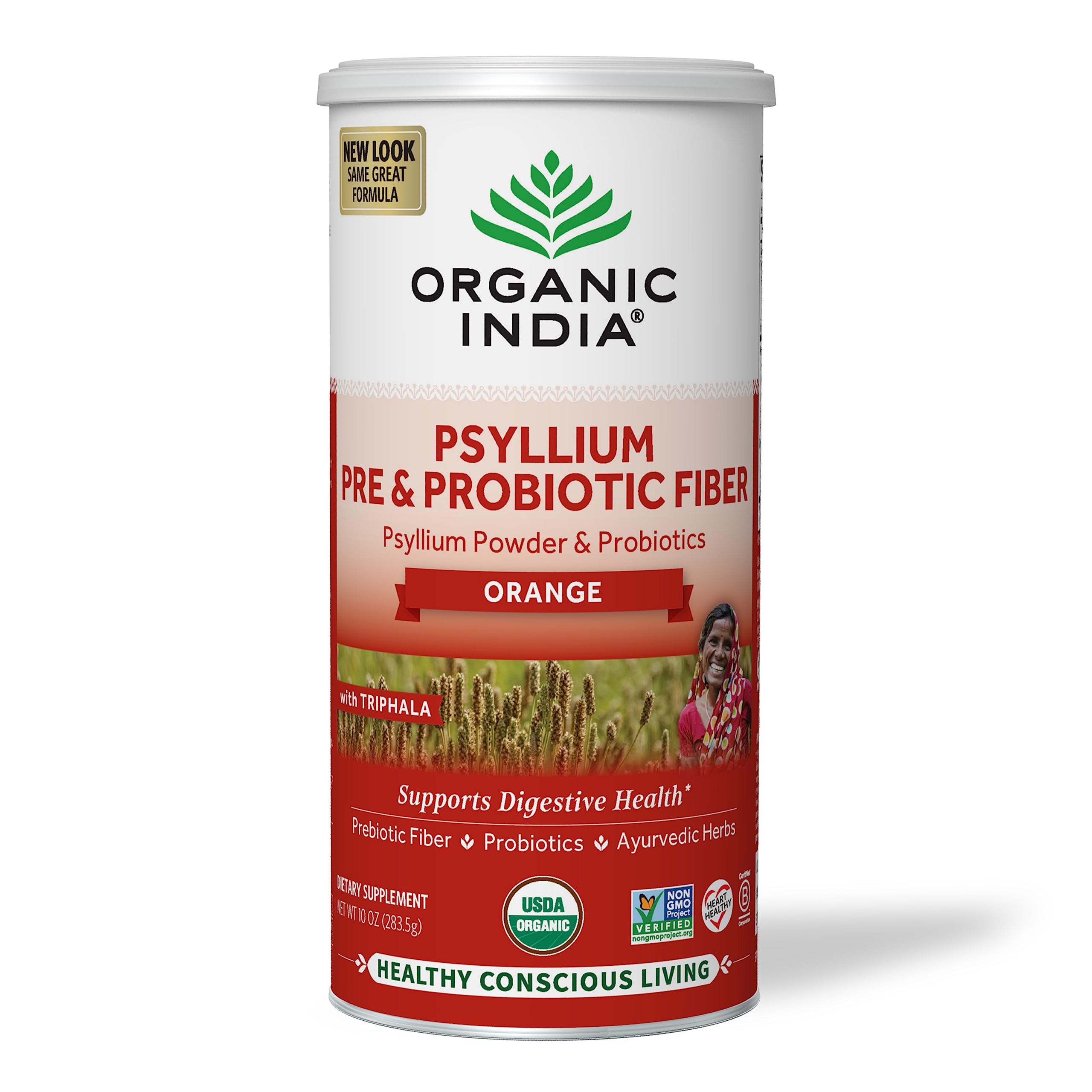Front view of Organic India Psyllium Husk Powder orange flavor, 10 oz