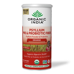 Front view of Organic India Psyllium Husk Powder orange flavor, 10 oz