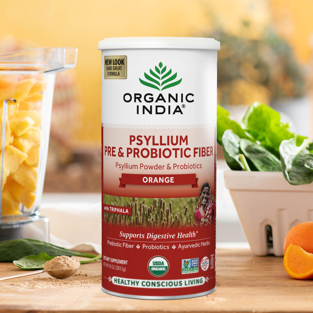 Close-up of organic psyllium husk powder with Bacilus Coagulans probiotic label
