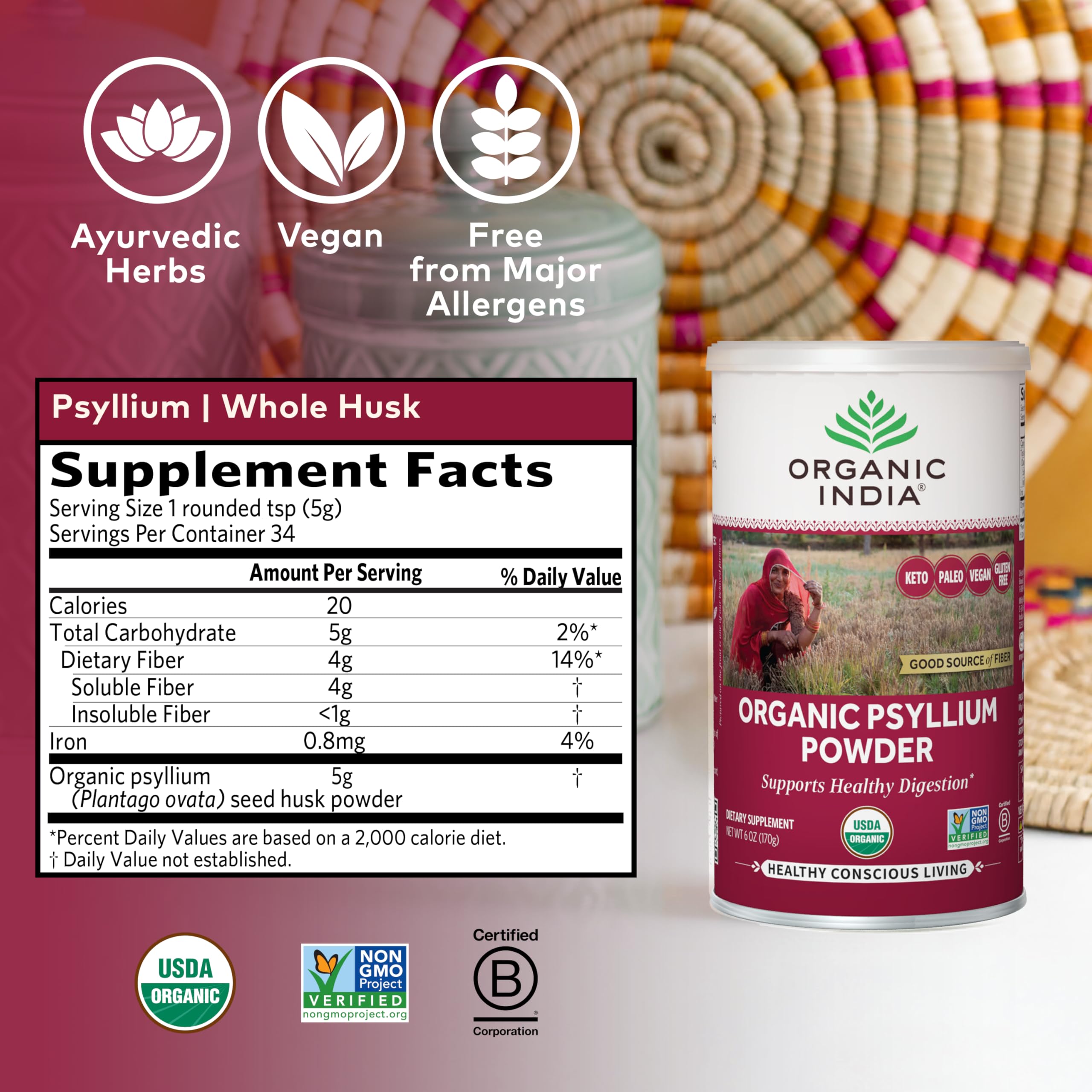 Organic India Psyllium powder close-up reveals fine texture.