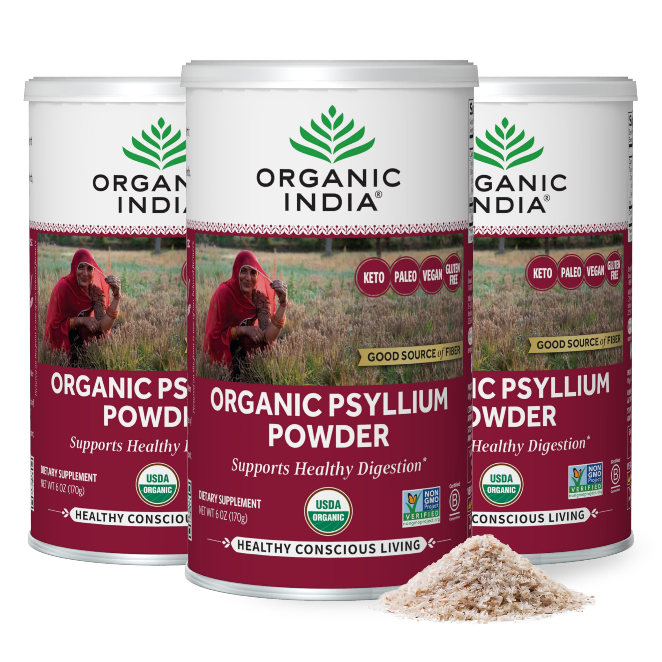 Organic India Psyllium powder box for easy mixing and daily fiber.