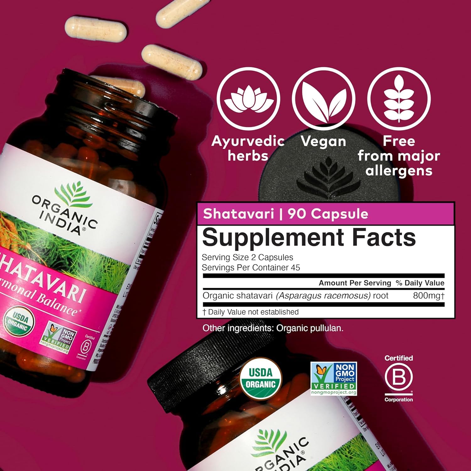 Shatavari capsules with vegan, gluten-free and organic certification icons