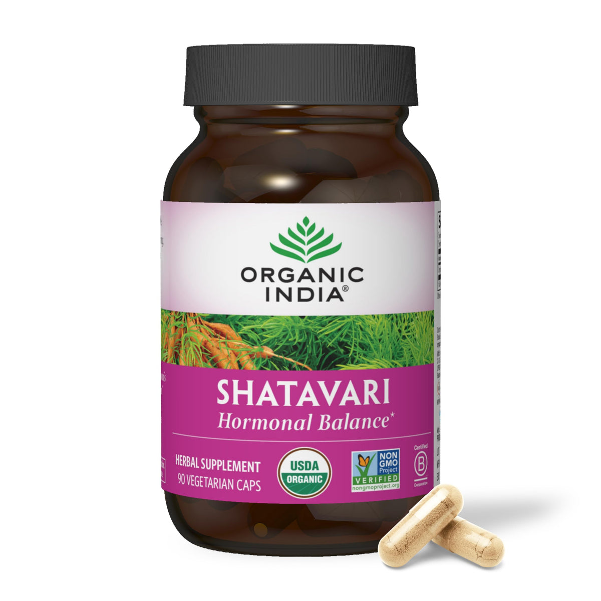 Front view of Organic India Shatavari capsules bottle