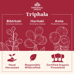 Front label of Organic India Triphala Capsules with organic certification