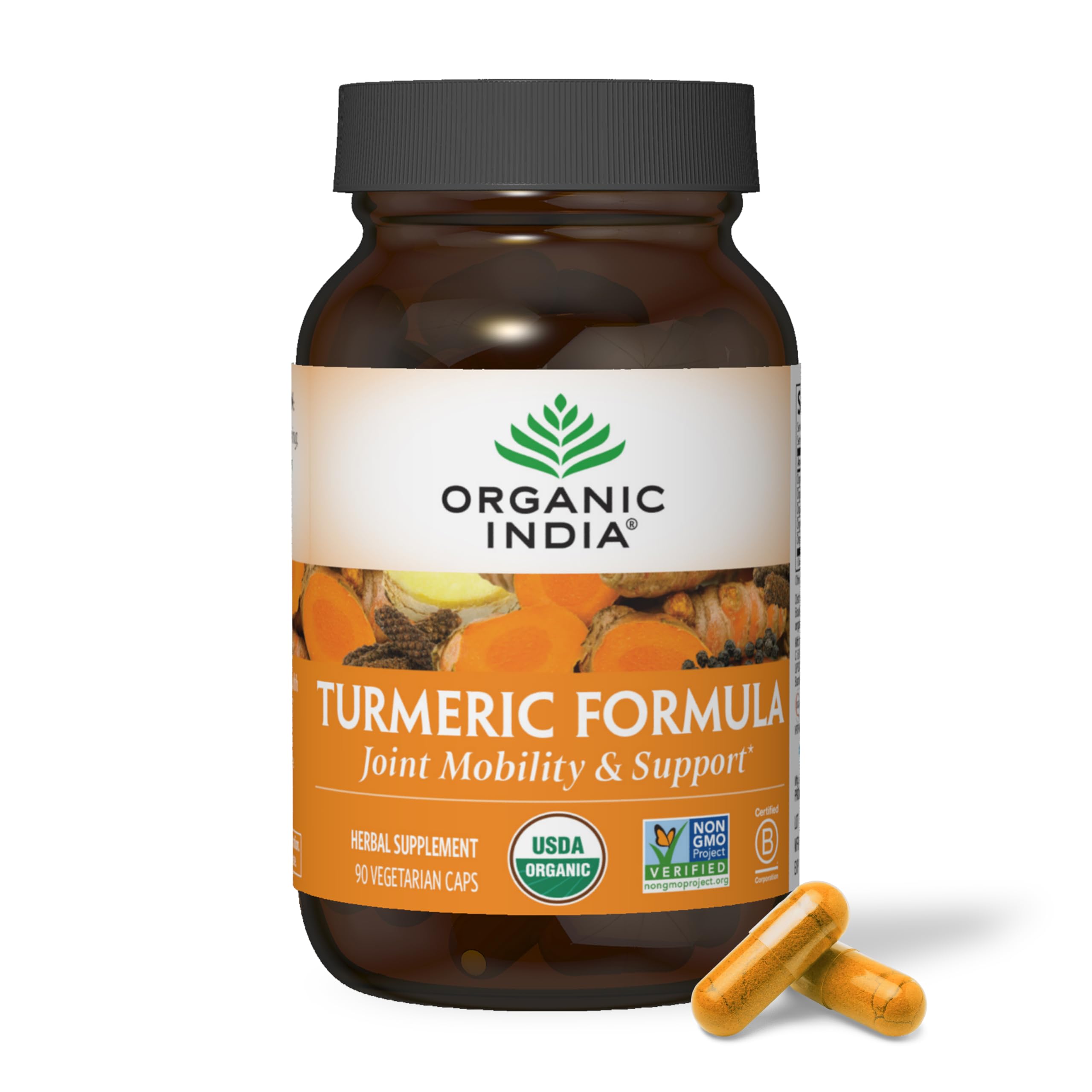 Bottle of ORGANIC INDIA Turmeric Curcumin with Black Pepper 90 capsules