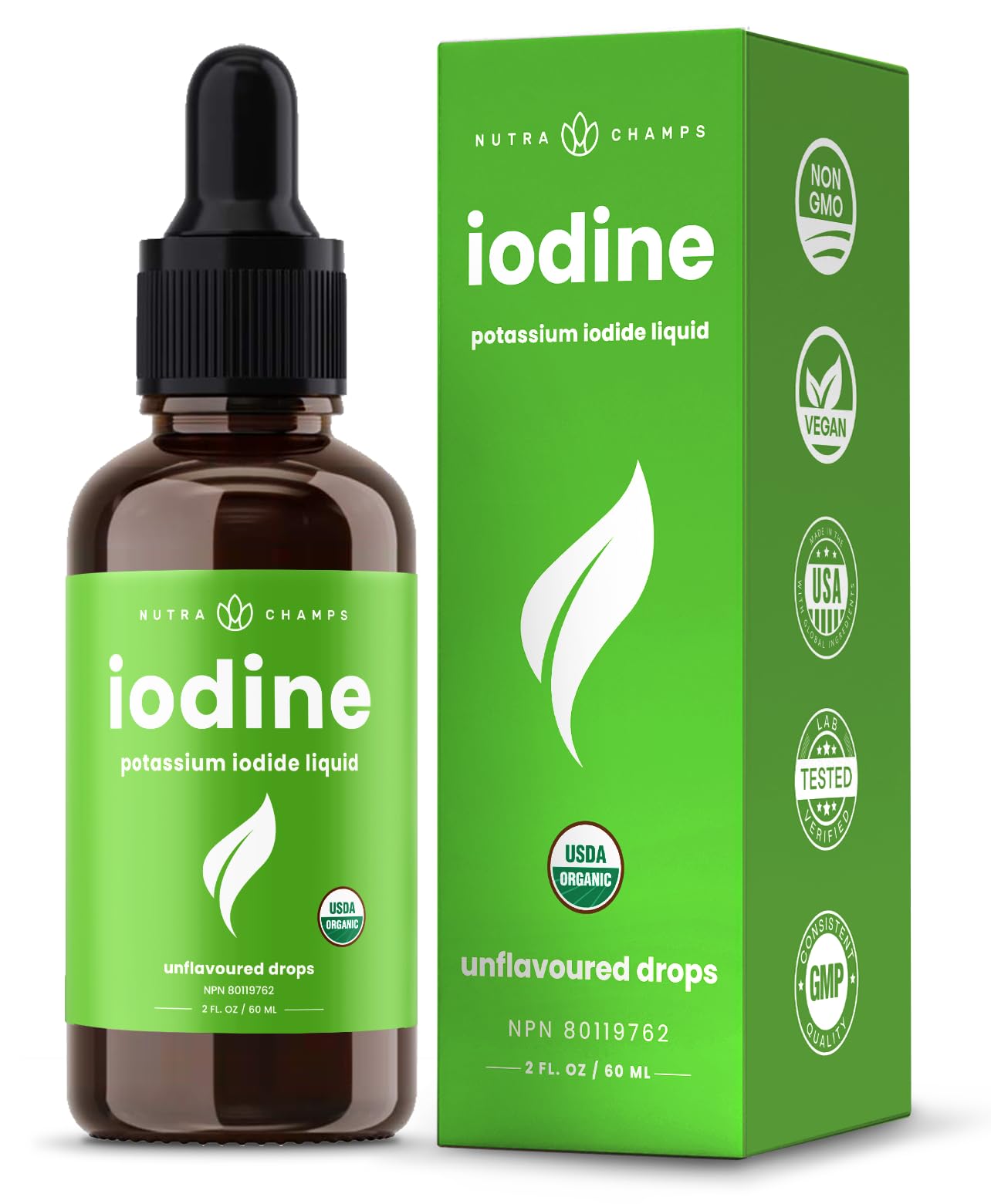 Organic iodine liquid drops bottle labeled 250 mcg per serving