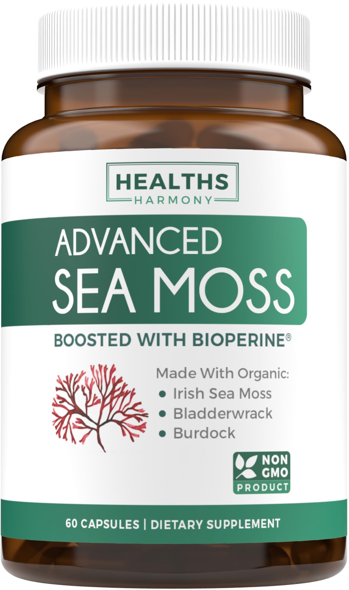 Bottle of Organic Irish Sea Moss Capsules with label