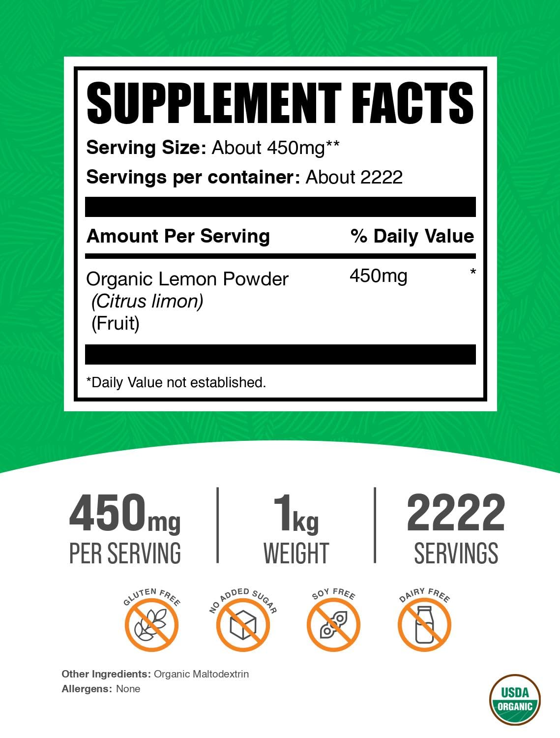 Organic Lemon Powder ingredient label highlighting vitamin C